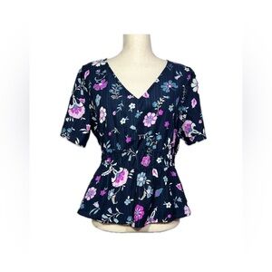 Ann Taylor Factory Navy Floral Peplum Blouse M Smocked Waist V-Neck Top